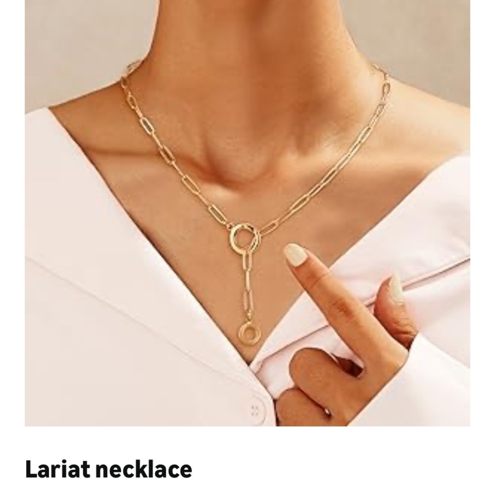 Classic Gold Interlocking Paperclip Circle Pendant Lariat Charm Holder Necklace - Picture 11 of 14